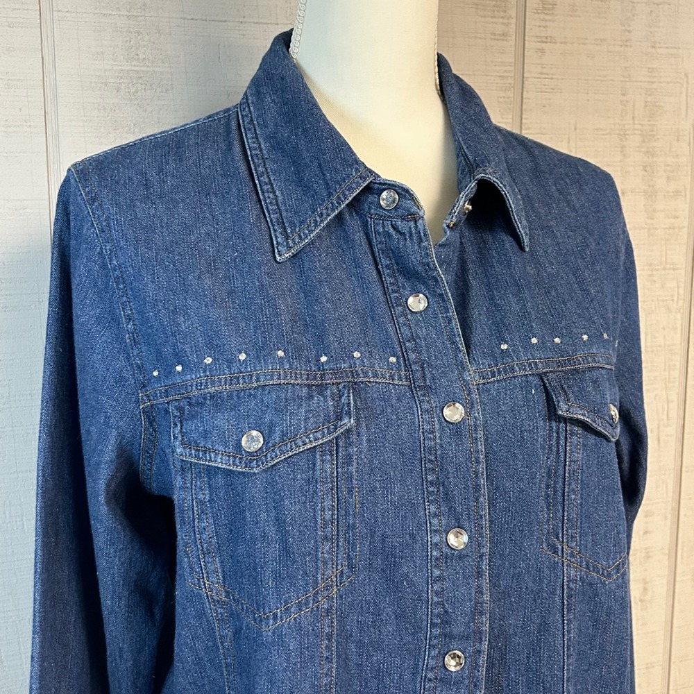 Vtg Route 66 Women Western Denim Shirt L Rhinestone‎ Snaps Cotton Festival 90s